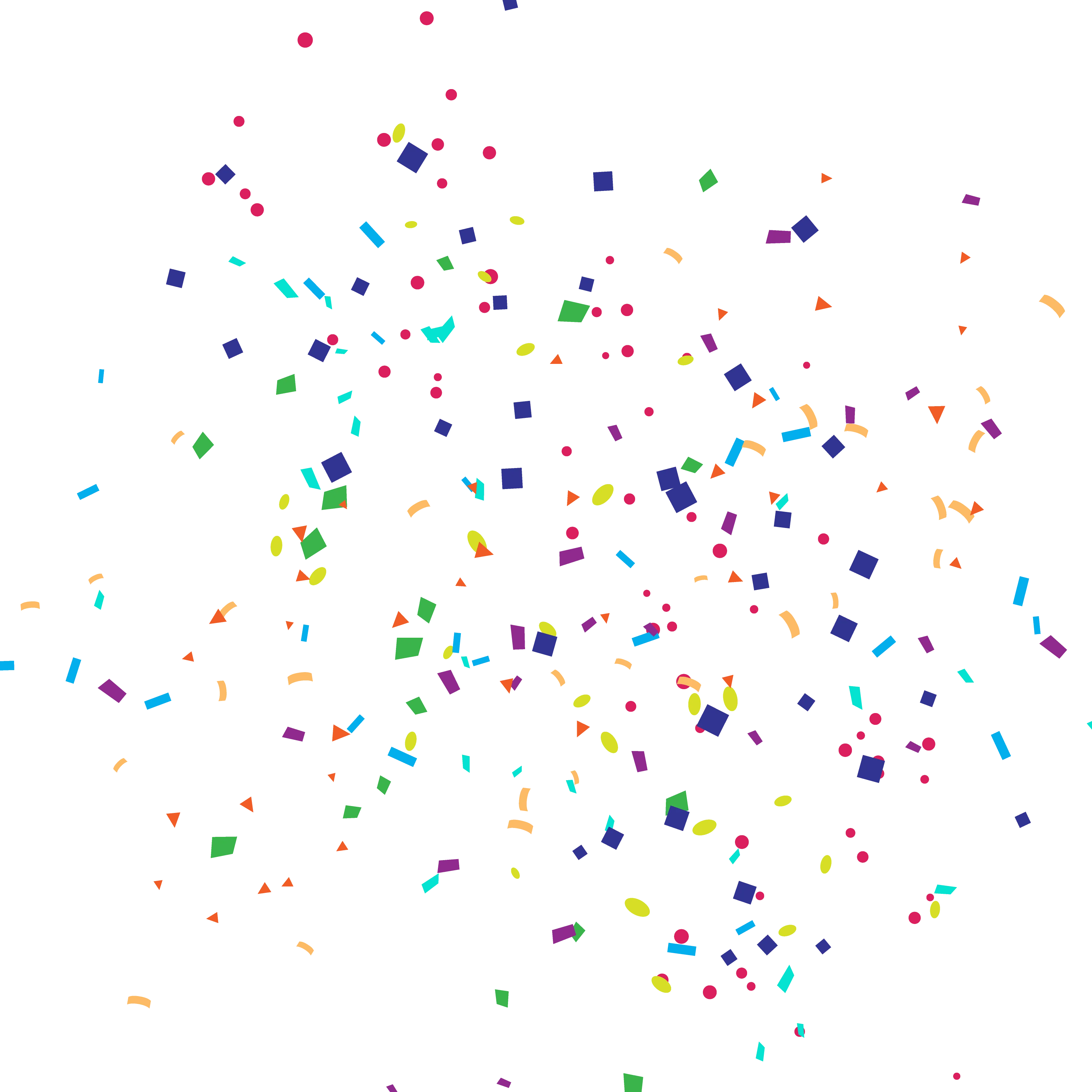 Paper Confetti Party, Cartoon Happy Birthday confetti, white background with purple, green, and yellow confetti, cartoon Character, atmosphere, rectangle png